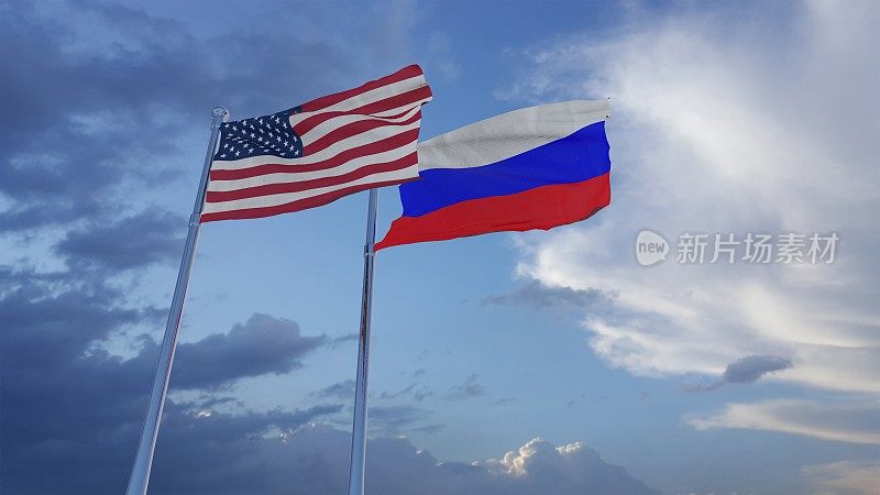 美国和俄罗斯国旗- 3D插图库存镜头